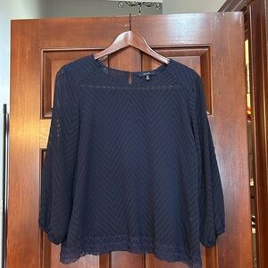 Elegant Navy Sheer Blouse with Lace Trim